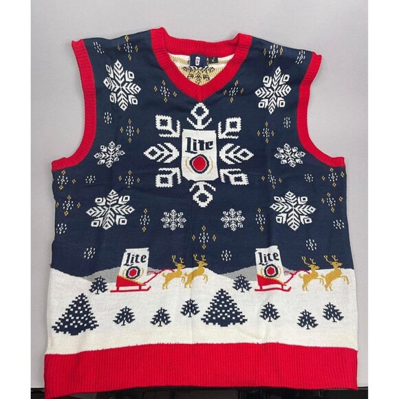 New 2019 Miller Lite Beer Holiday Ugly Christmas Sweater Vest with Reindeer - Picture 1 of 7